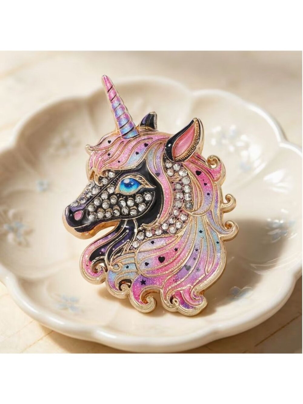 Black & Pink Enamel Unicorn Brooch With Rhinestones Gold Tone